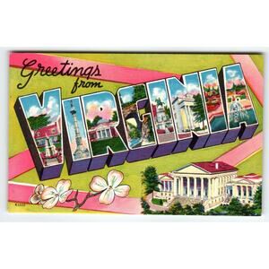 Greetings From Virginia 1940'sColorpicture Vintage Postcard Large Letter Linen